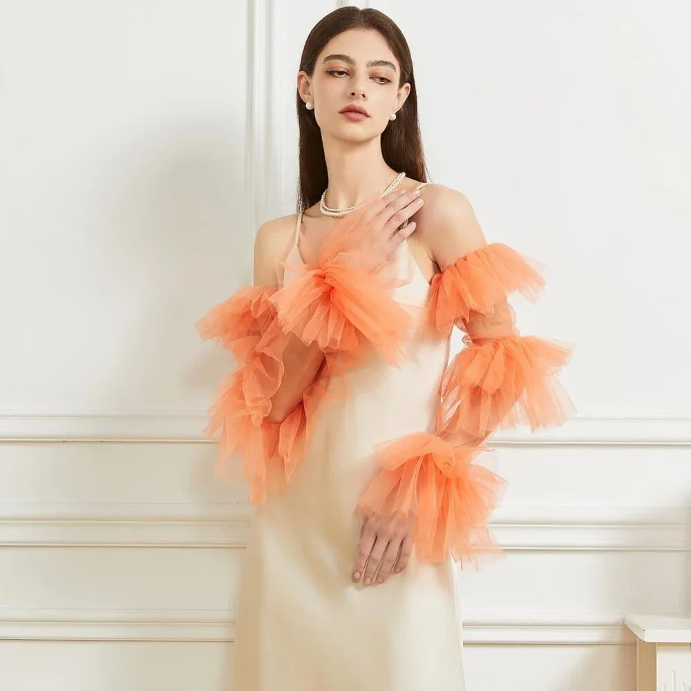 Women's Orange Satin Tulle  Ruffled Puff Long Gloves Banquet Wedding Party